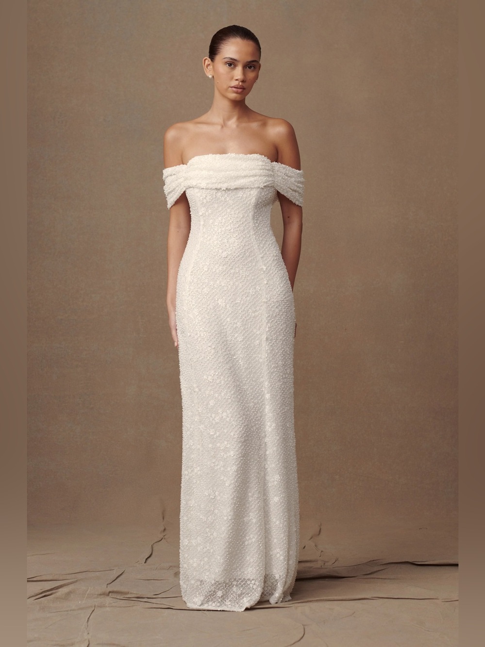 Meshki Priyanka Daisy Beaded Off-Shoulder White Sequin Maxi Dress